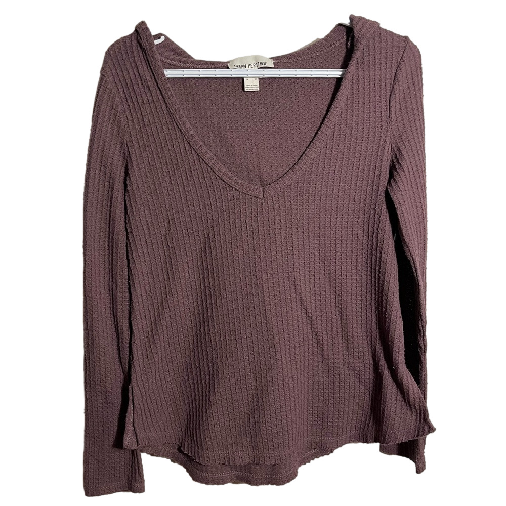 Purple Waffle Knit V-Neck Long Sleeve Hoodie by Urban Heritage Medium
